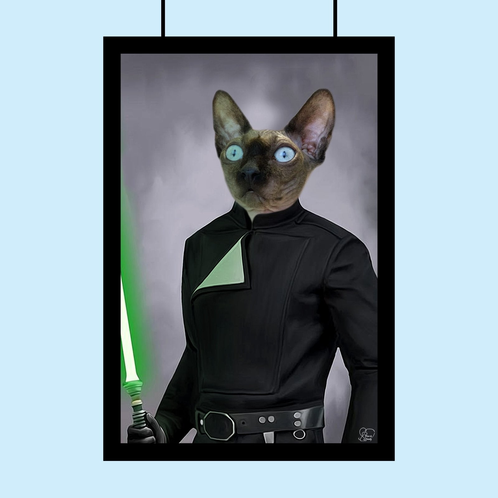 Custom pet portrait of a dog or cat in a Jedi costume with robe and lightsaber, hand-drawn in Star Wars theme using a customer-submitted photo