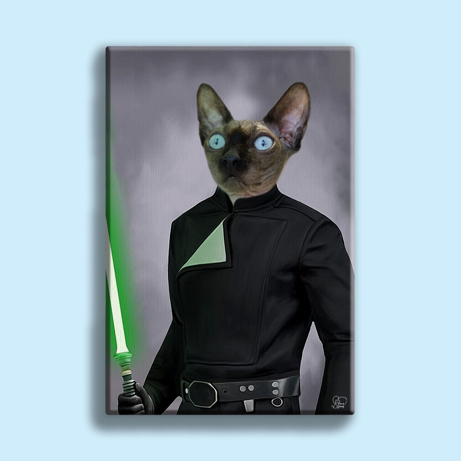 Custom pet portrait of a dog or cat in a Jedi costume with robe and lightsaber, hand-drawn in Star Wars theme using a customer-submitted photo