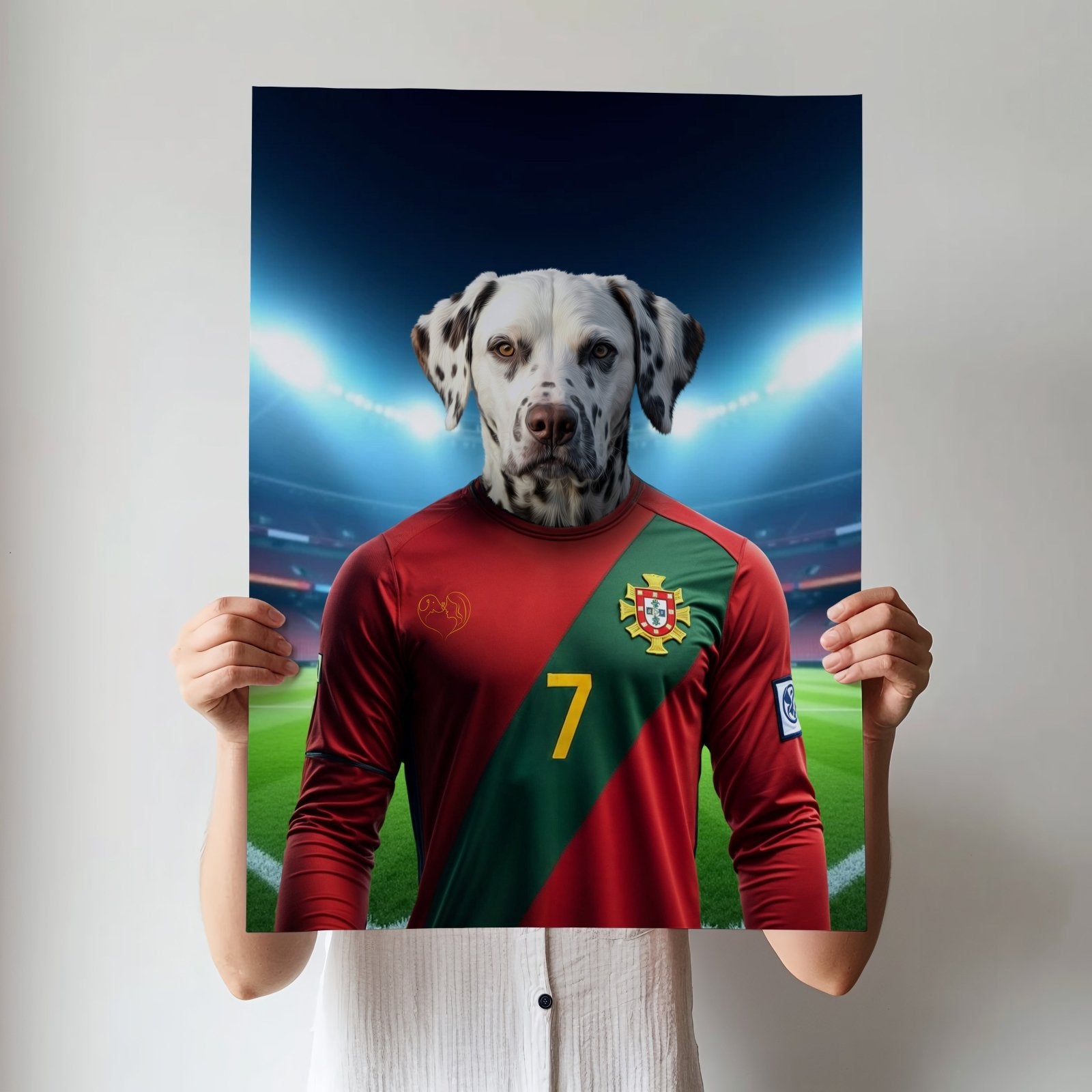 Custom football-inspired pet portrait featuring a dog or cat in a dynamic football pose, paying homage to Cristiano Ronaldo’s athleticism