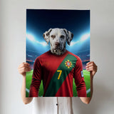 Custom football-inspired pet portrait featuring a dog or cat in a dynamic football pose, paying homage to Cristiano Ronaldo’s athleticism