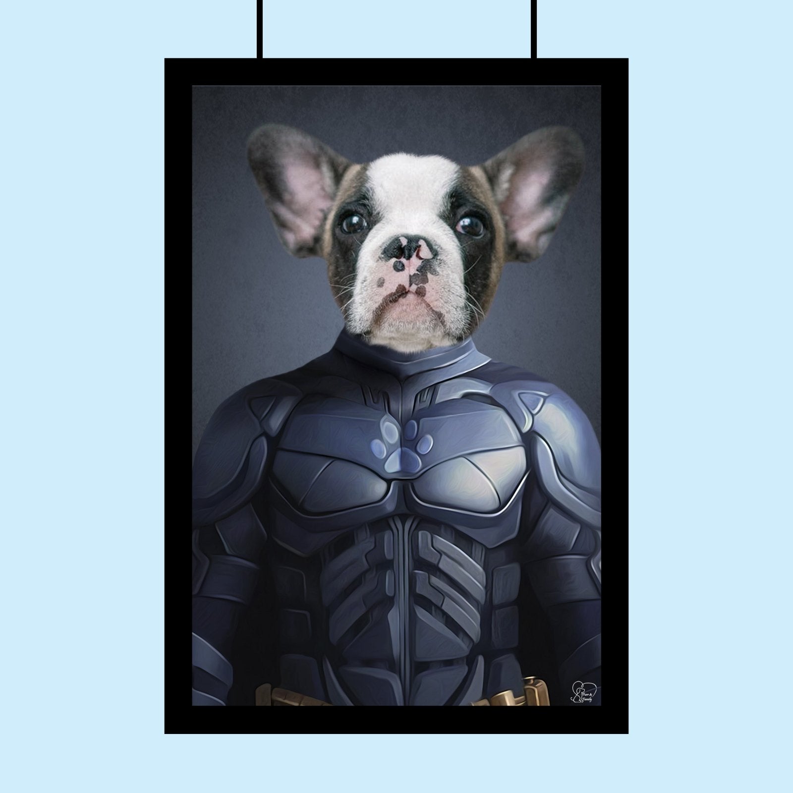 Custom pet portrait featuring a dog or cat in a Batman costume with cape and mask, illustrated in comic-style hero design