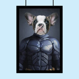 Custom pet portrait featuring a dog or cat in a Batman costume with cape and mask, illustrated in comic-style hero design