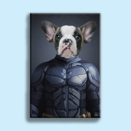 Custom pet portrait featuring a dog or cat in a Batman costume with cape and mask, illustrated in comic-style hero design