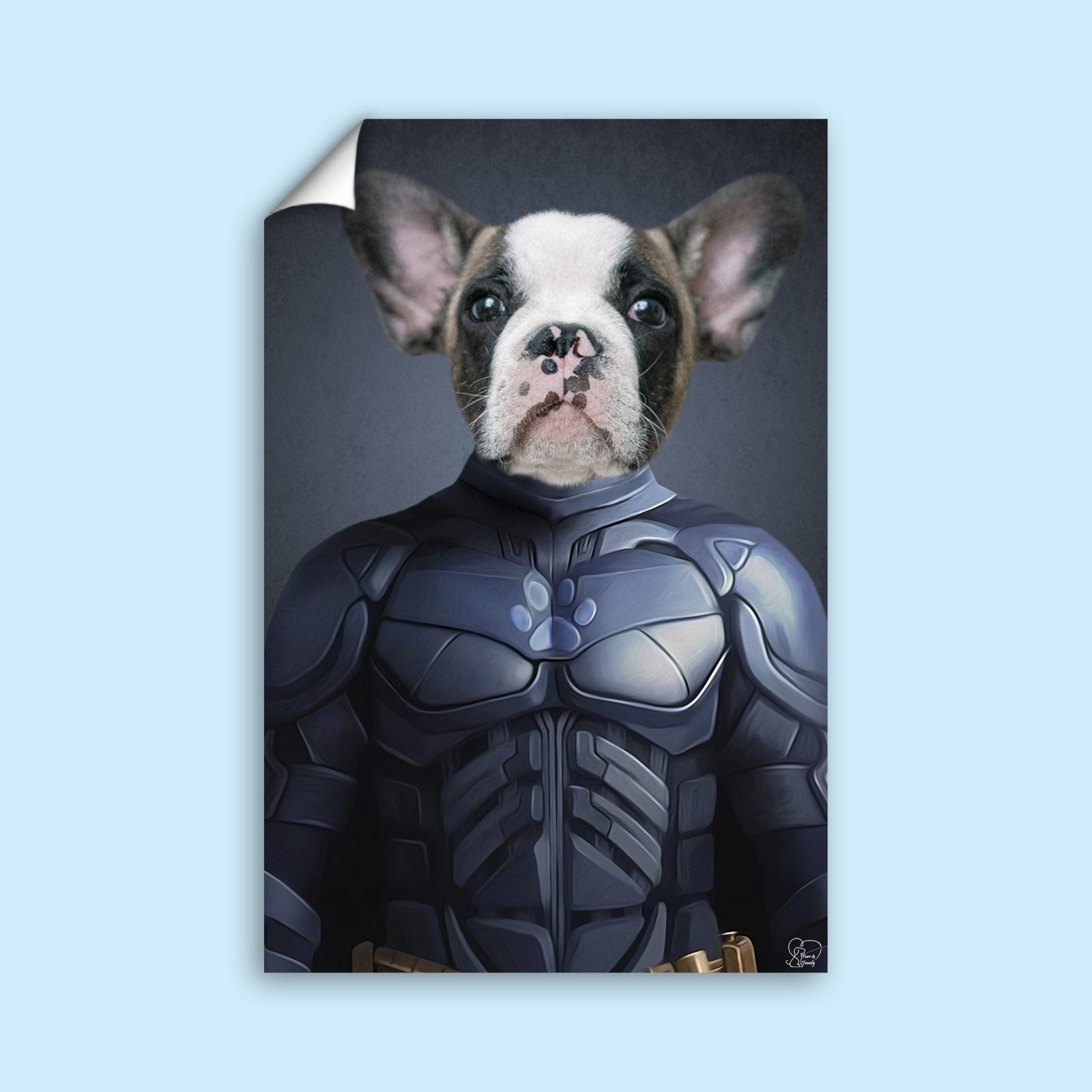 Custom pet portrait featuring a dog or cat in a Batman costume with cape and mask, illustrated in comic-style hero design