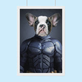 Custom pet portrait featuring a dog or cat in a Batman costume with cape and mask, illustrated in comic-style hero design