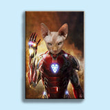 Custom pet portrait of a dog or cat in Iron Man armor, hand-drawn in a bold superhero style based on a user-submitted photo
