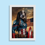 Custom pet portrait featuring a dog or cat dressed as Captain America, with a star-spangled suit and shield in a bold superhero stance