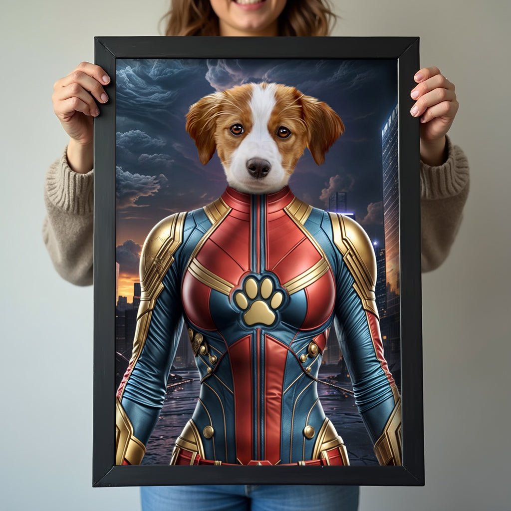 Custom pet portrait featuring a dog or cat dressed in Captain Marvel’s superhero suit, with a cosmic background and powerful pose
