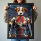 Custom pet portrait featuring a dog or cat dressed in Captain Marvel’s superhero suit, with a cosmic background and powerful pose