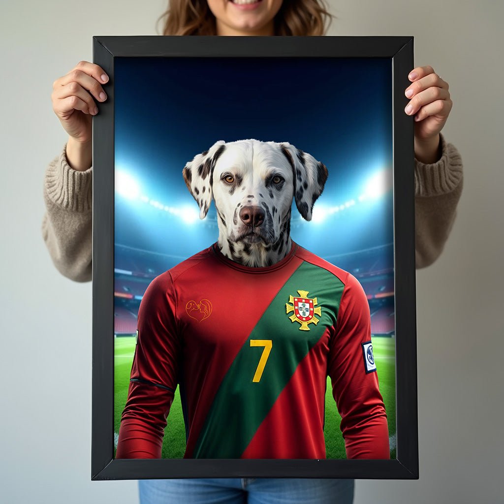Custom football-inspired pet portrait featuring a dog or cat in a dynamic football pose, paying homage to Cristiano Ronaldo’s athleticism