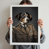 Custom pet portrait of a dog or cat dressed in regal military attire, with medals, epaulets, and formal uniform, showcasing a proud and noble appearance