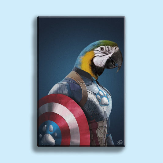 Custom pet portrait featuring a dog or cat dressed in a Captain America costume, hand-illustrated in a bold, superhero-inspired style from a real photo