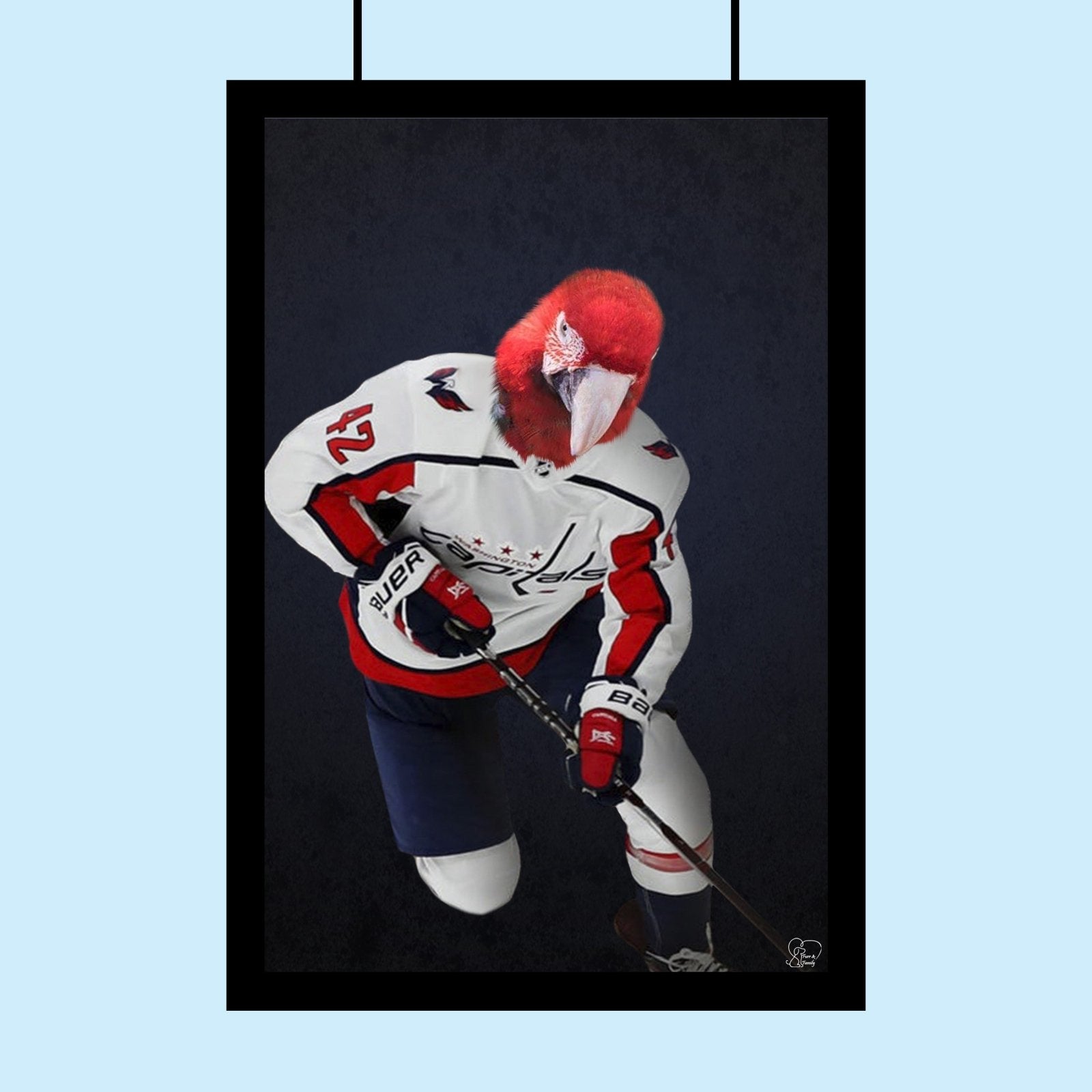 Custom pet portrait of a dog or cat wearing an ice hockey jersey, hand-illustrated from a customer photo with personalized team-style details