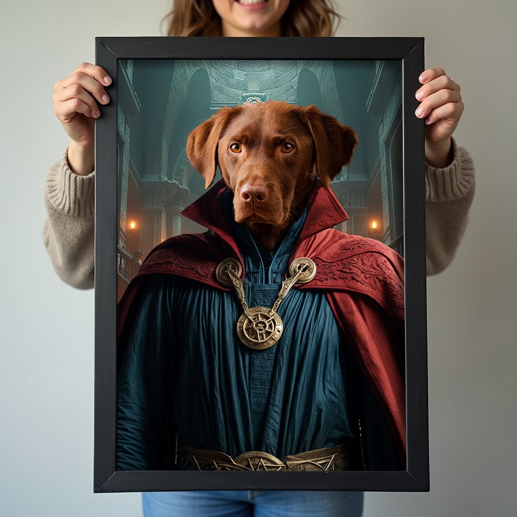 Custom pet portrait in Doctor Strange costume with magical background, featuring a cat or dog as a Marvel-inspired superhero