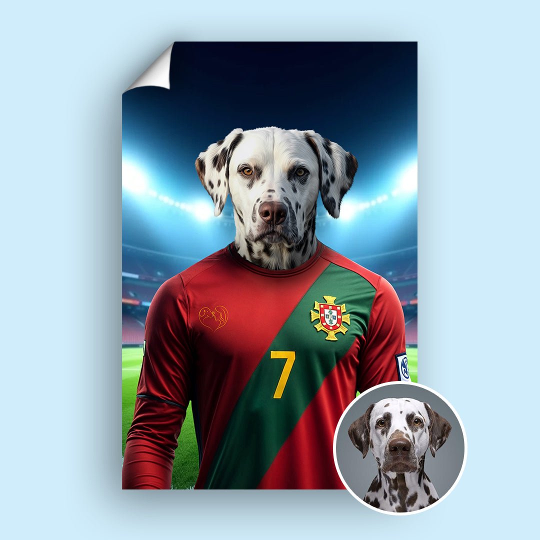 Custom football-inspired pet portrait featuring a dog or cat in a dynamic football pose, paying homage to Cristiano Ronaldo’s athleticism