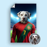 Custom football-inspired pet portrait featuring a dog or cat in a dynamic football pose, paying homage to Cristiano Ronaldo’s athleticism