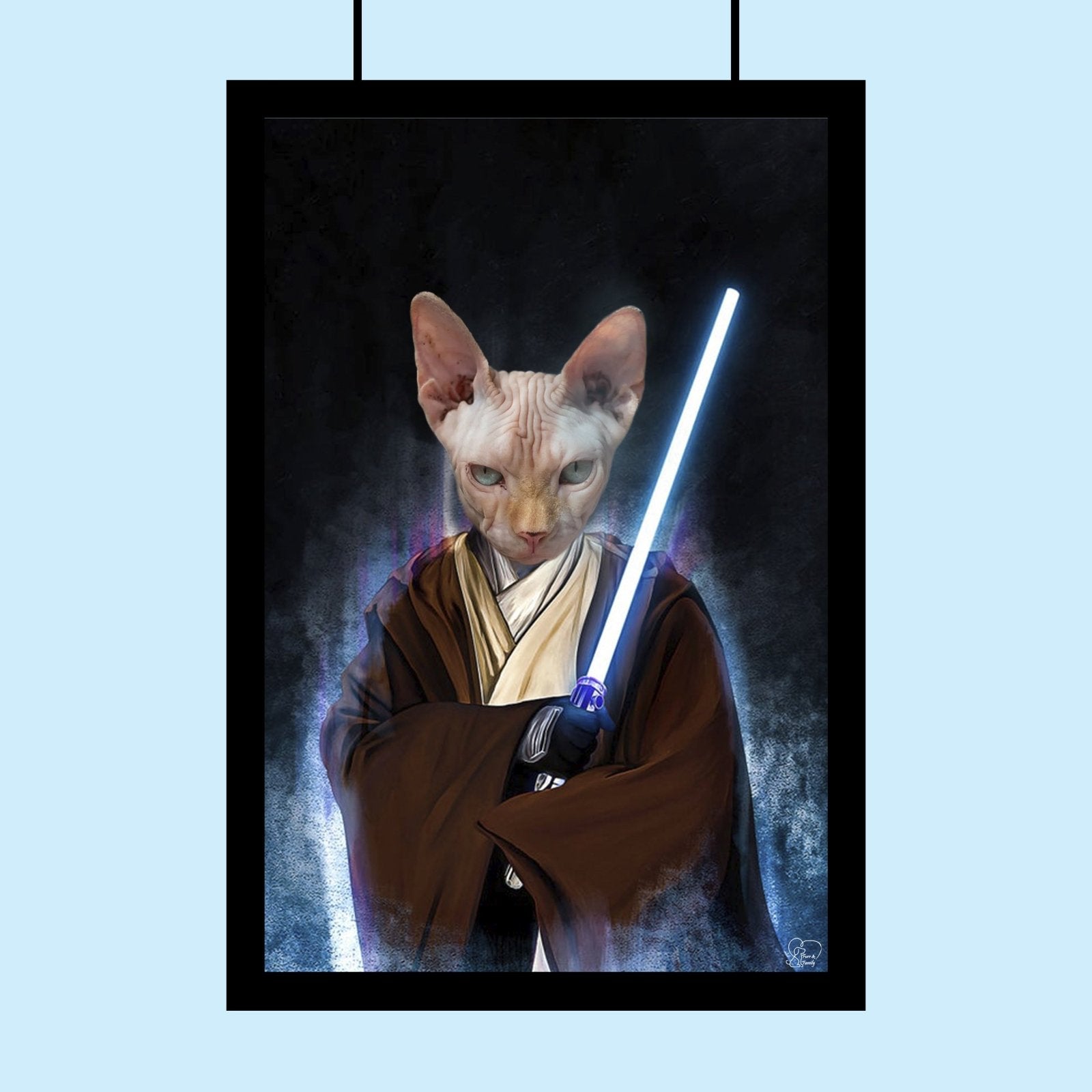 Custom Jedi Star Wars pet portrait featuring a dog or cat holding a lightsaber in a Jedi robe, inspired by the Star Wars universe