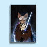 Custom Jedi Star Wars pet portrait featuring a dog or cat holding a lightsaber in a Jedi robe, inspired by the Star Wars universe