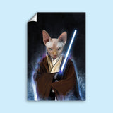 Custom Jedi Star Wars pet portrait featuring a dog or cat holding a lightsaber in a Jedi robe, inspired by the Star Wars universe