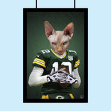 Custom pet portrait featuring a dog or cat in an American football jersey, hand-illustrated in a fun, athletic design based on a real photo