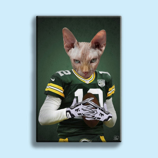 Custom pet portrait featuring a dog or cat in an American football jersey, hand-illustrated in a fun, athletic design based on a real photo