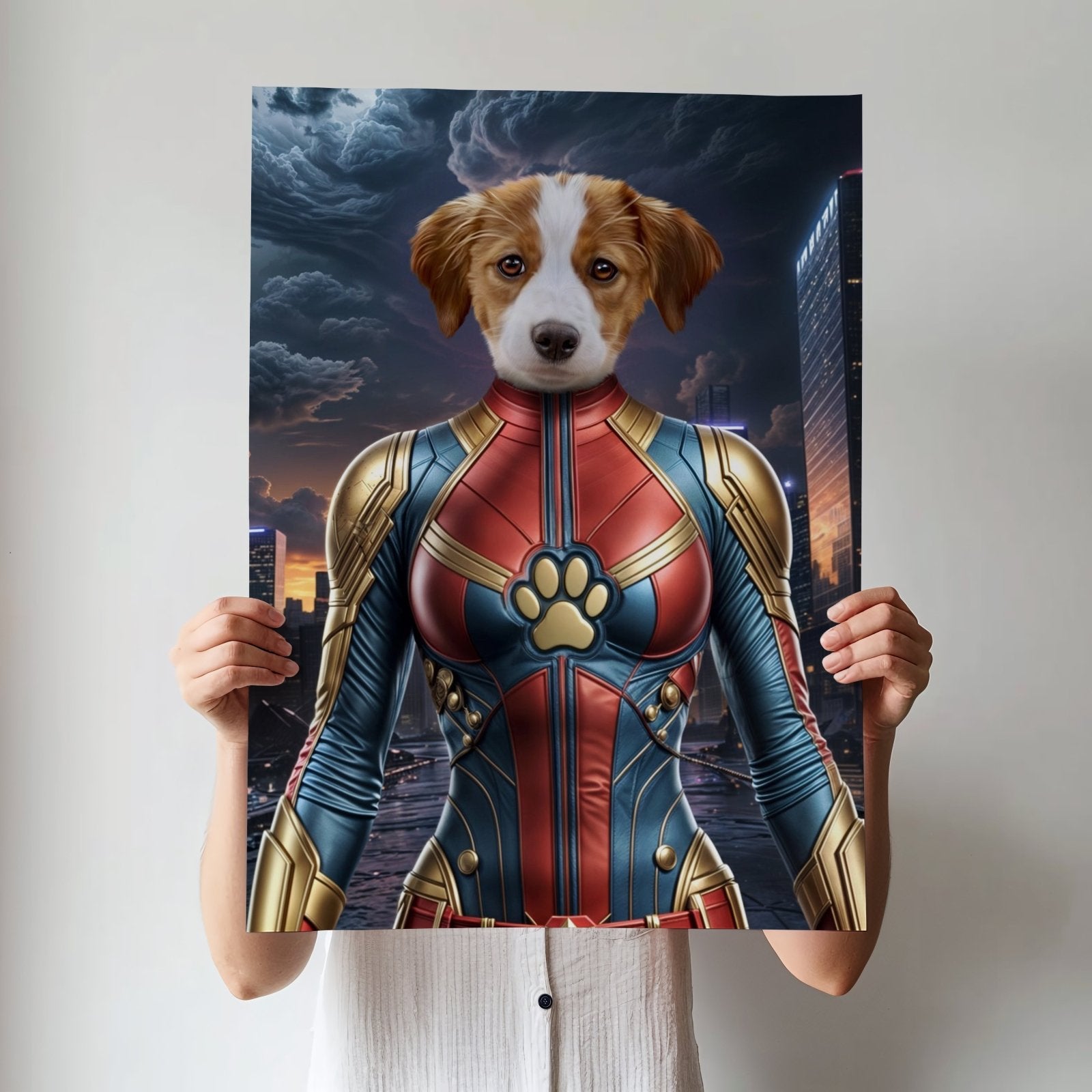 Custom pet portrait featuring a dog or cat dressed in Captain Marvel’s superhero suit, with a cosmic background and powerful pose