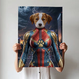 Custom pet portrait featuring a dog or cat dressed in Captain Marvel’s superhero suit, with a cosmic background and powerful pose