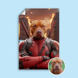 Custom pet portrait of a dog or cat dressed in a red-and-black Deadpool-inspired costume, illustrated from a photo