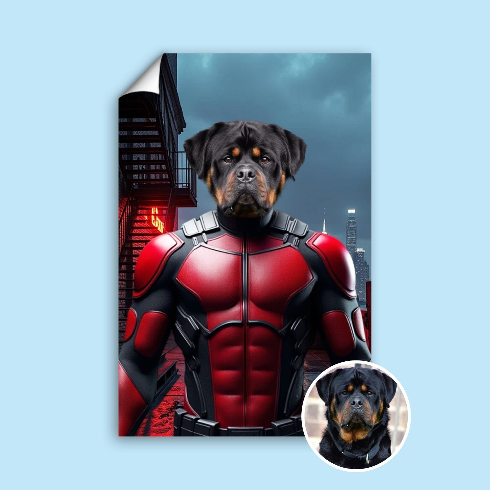 Custom pet portrait of a dog or cat in a red Daredevil-style superhero costume, based on a customer-submitted photo