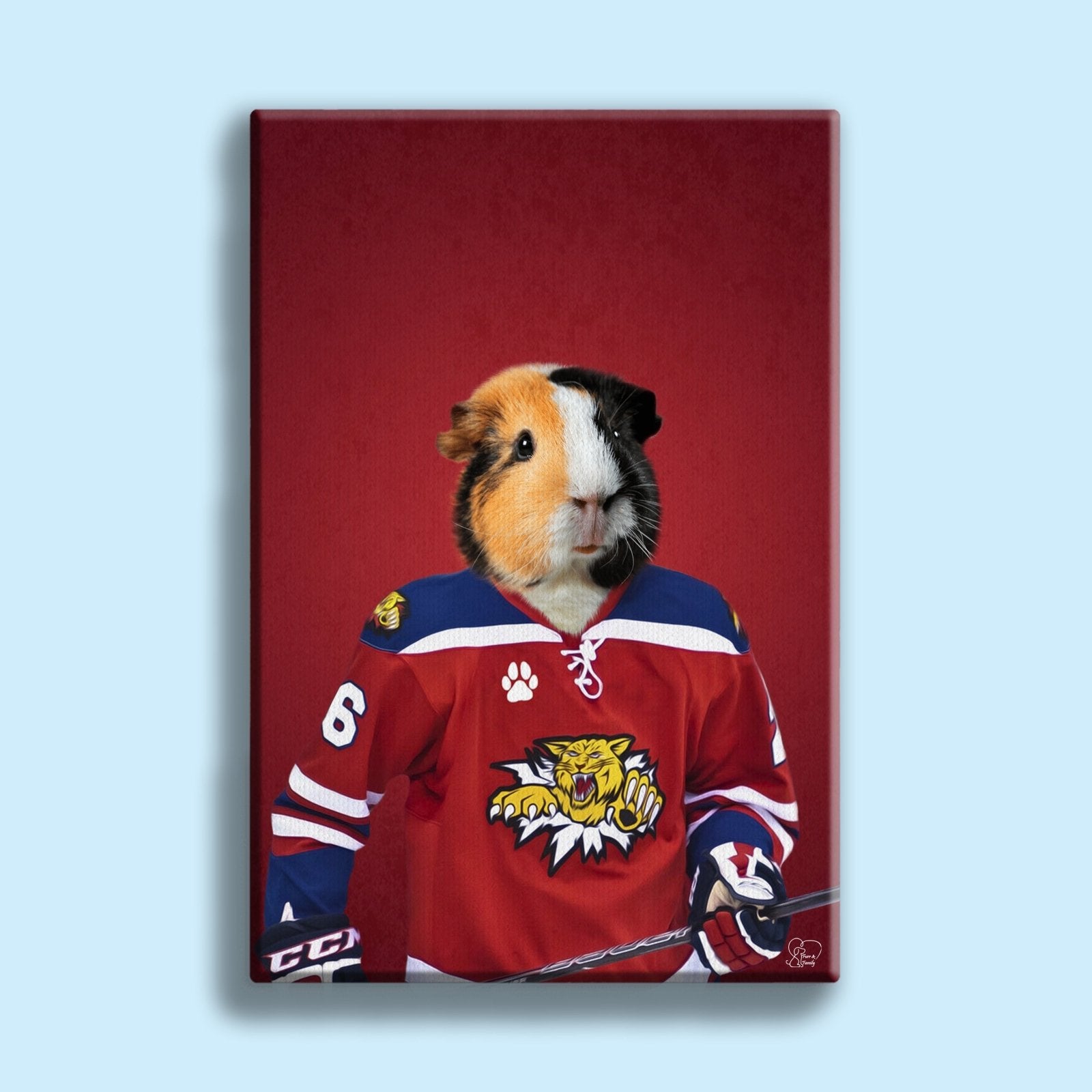 Custom pet portrait featuring a dog or cat in an ice hockey pose, complete with hockey gear and action-packed details