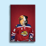 Custom pet portrait featuring a dog or cat in an ice hockey pose, complete with hockey gear and action-packed details