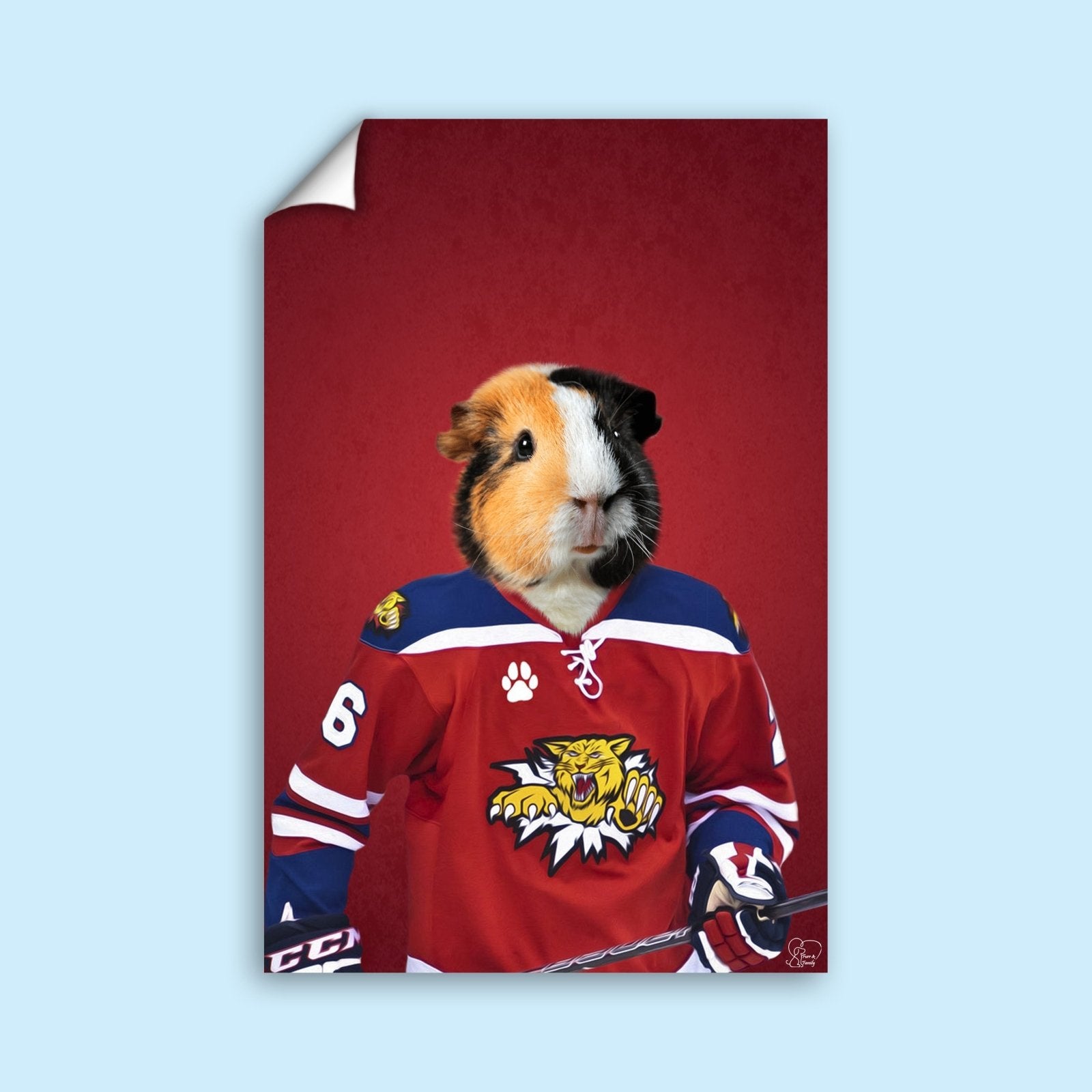 Custom pet portrait featuring a dog or cat in an ice hockey pose, complete with hockey gear and action-packed details