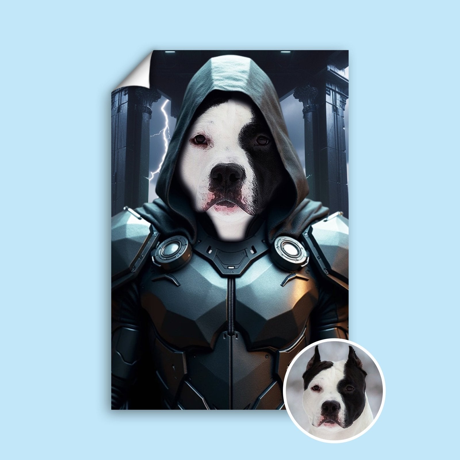 Custom pet portrait featuring a dog or cat in a green cloak and silver armor inspired by Dr. Doom, with a dramatic villainous background