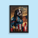Custom pet portrait featuring a dog or cat dressed as Captain America, with a star-spangled suit and shield in a bold superhero stance