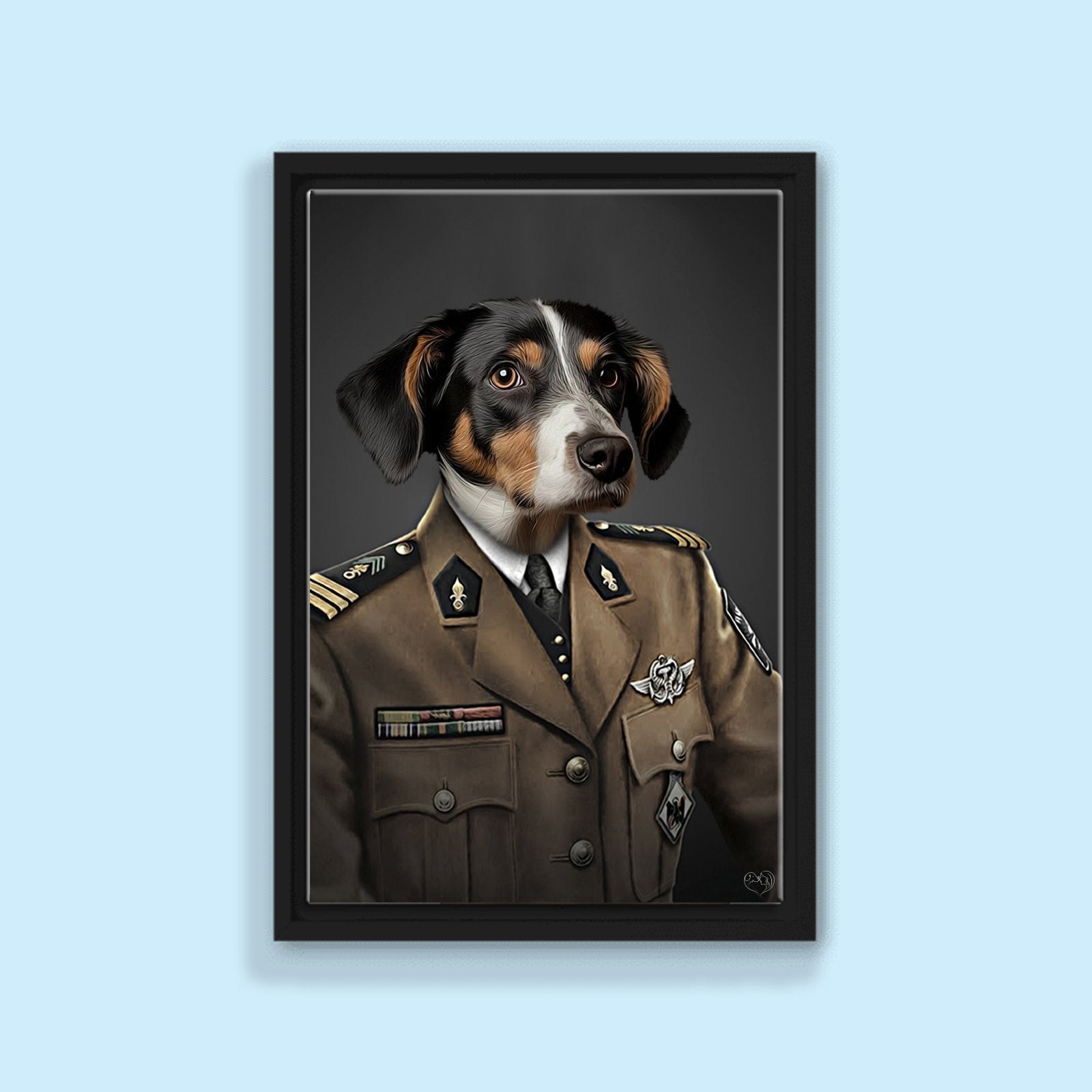 Custom pet portrait of a dog or cat dressed in regal military attire, with medals, epaulets, and formal uniform, showcasing a proud and noble appearance