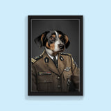 Custom pet portrait of a dog or cat dressed in regal military attire, with medals, epaulets, and formal uniform, showcasing a proud and noble appearance