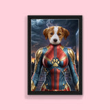 Custom pet portrait featuring a dog or cat dressed in Captain Marvel’s superhero suit, with a cosmic background and powerful pose