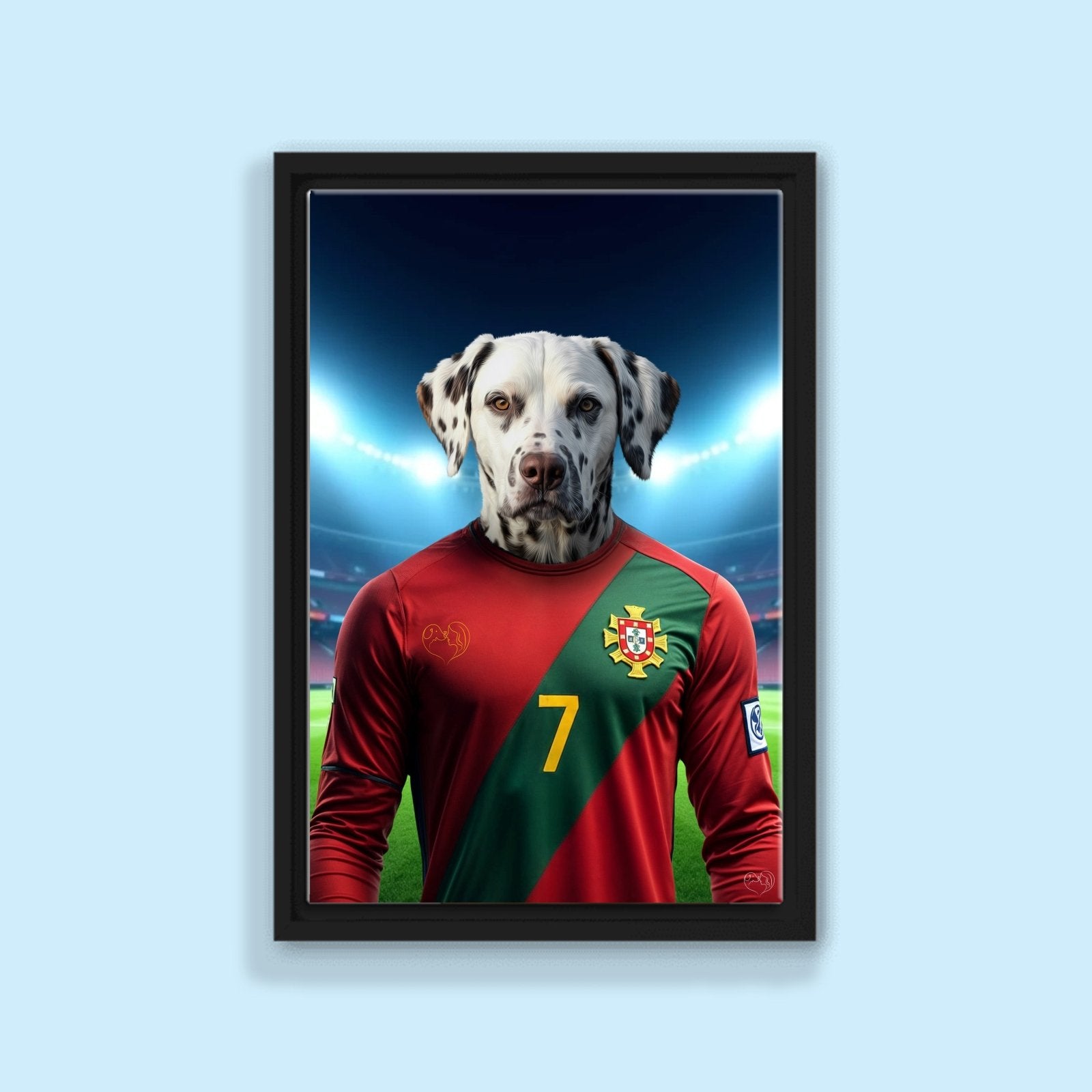 Custom football-inspired pet portrait featuring a dog or cat in a dynamic football pose, paying homage to Cristiano Ronaldo’s athleticism
