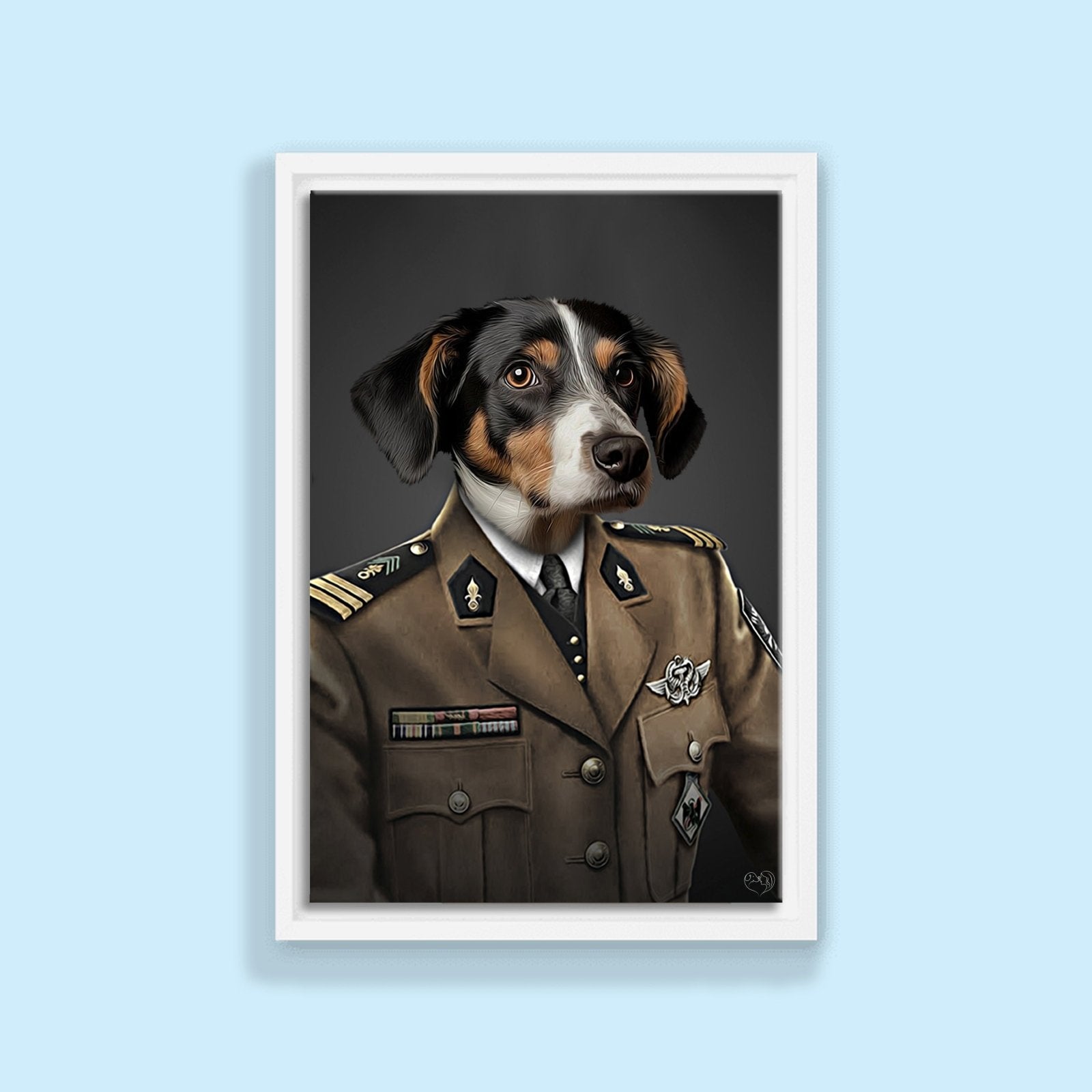 Custom pet portrait of a dog or cat dressed in regal military attire, with medals, epaulets, and formal uniform, showcasing a proud and noble appearance