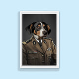 Custom pet portrait of a dog or cat dressed in regal military attire, with medals, epaulets, and formal uniform, showcasing a proud and noble appearance