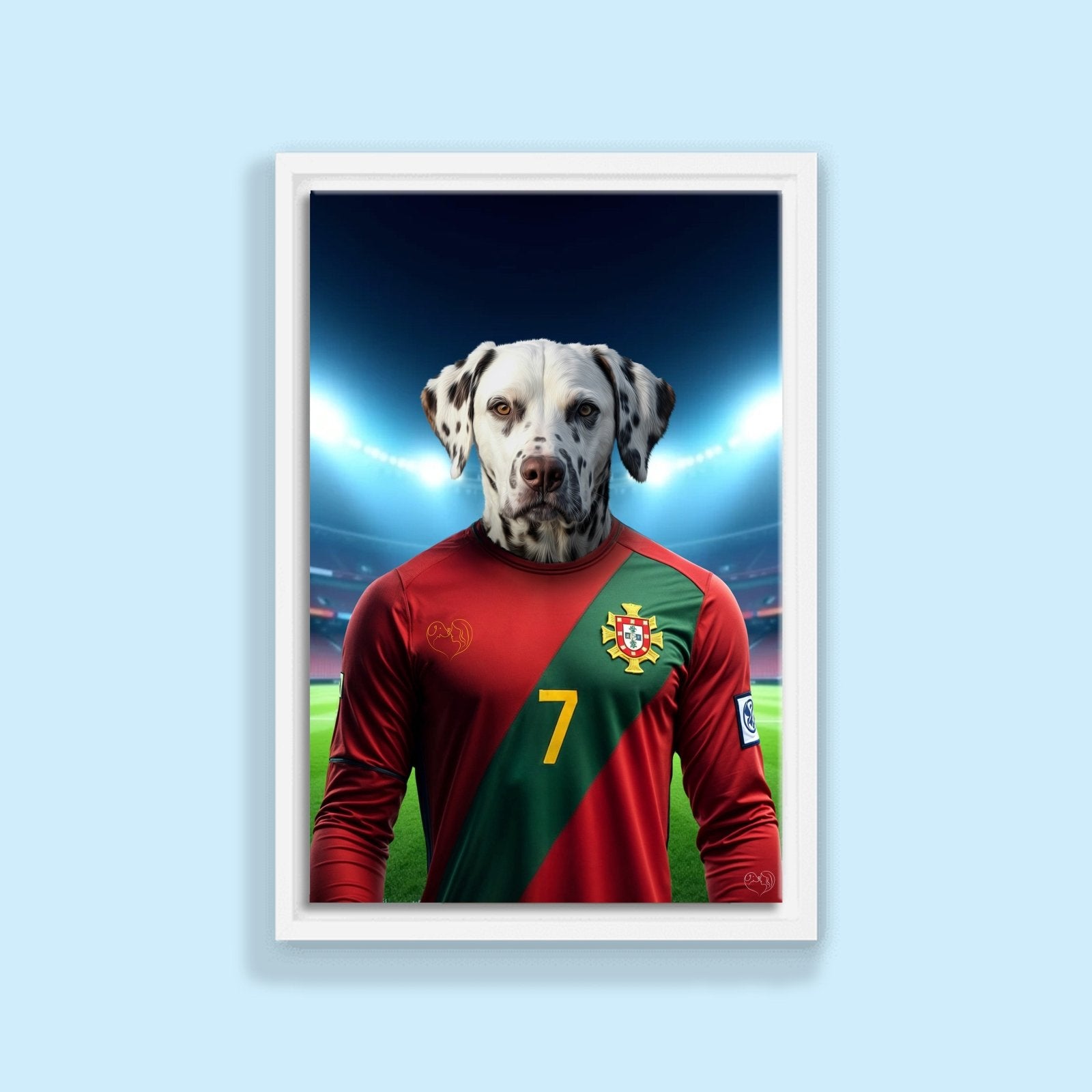 Custom football-inspired pet portrait featuring a dog or cat in a dynamic football pose, paying homage to Cristiano Ronaldo’s athleticism