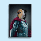 Custom pet portrait of a dog or cat styled as Thor, with cape and hammer, hand-illustrated in a superhero-themed design from a user-submitted photo