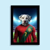 Custom football-inspired pet portrait featuring a dog or cat in a dynamic football pose, paying homage to Cristiano Ronaldo’s athleticism