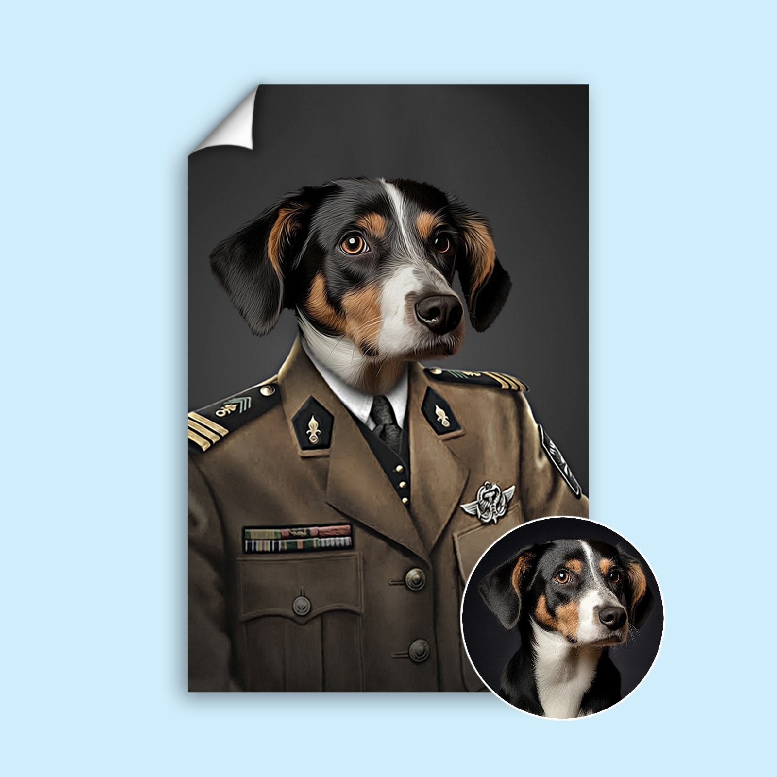Custom pet portrait of a dog or cat dressed in regal military attire, with medals, epaulets, and formal uniform, showcasing a proud and noble appearance