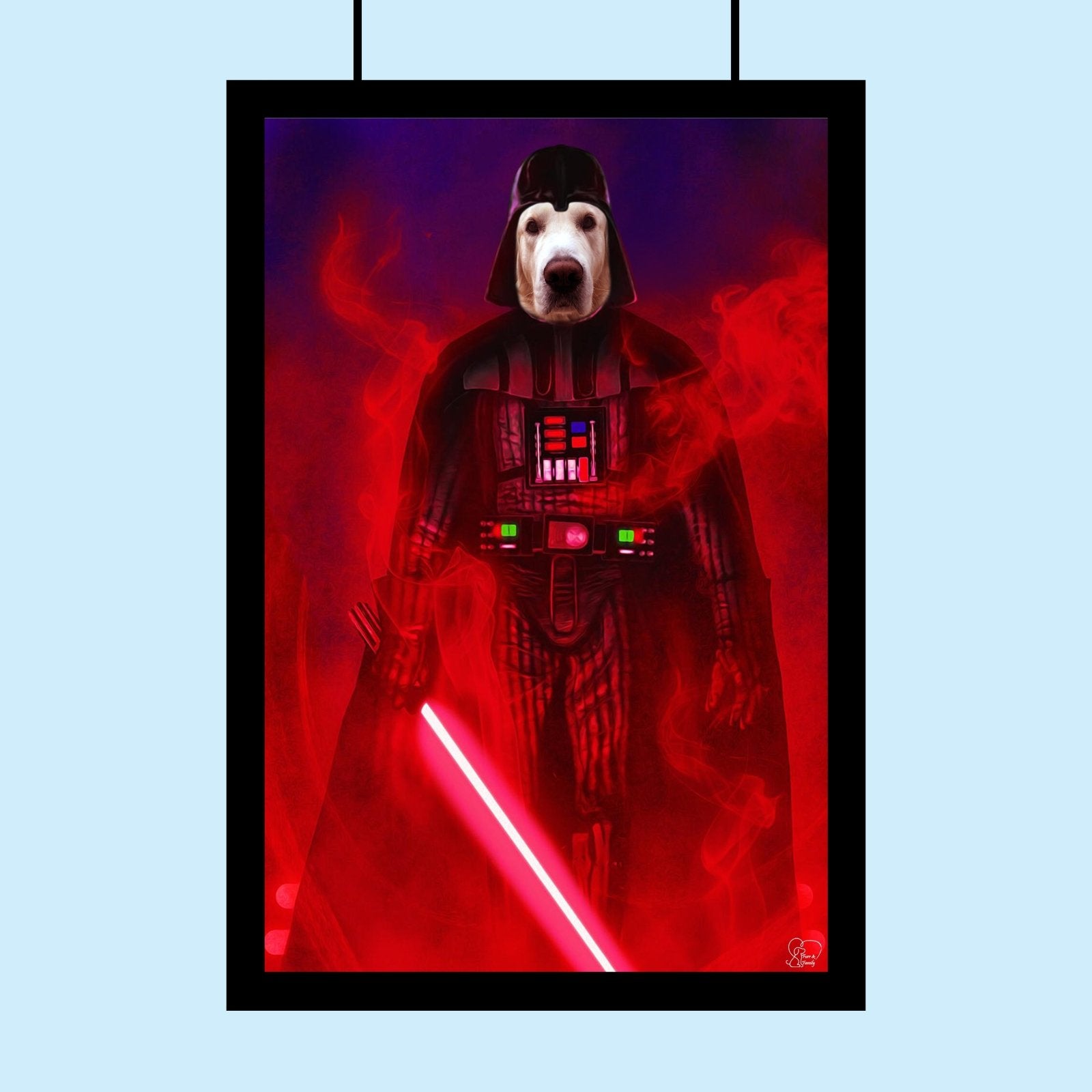 Custom pet portrait of a dog or cat dressed in a Darth Vader costume, hand-drawn in a Star Wars–inspired dark and dramatic style