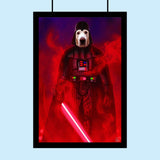 Custom pet portrait of a dog or cat dressed in a Darth Vader costume, hand-drawn in a Star Wars–inspired dark and dramatic style