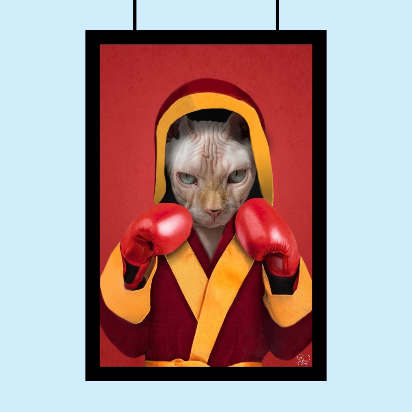 Custom portrait of a Sphynx cat dressed as a boxing champion wearing gloves and a championship belt, posing confidently in the ring