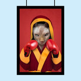 Custom portrait of a Sphynx cat dressed as a boxing champion wearing gloves and a championship belt, posing confidently in the ring