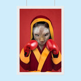 Custom portrait of a Sphynx cat dressed as a boxing champion wearing gloves and a championship belt, posing confidently in the ring
