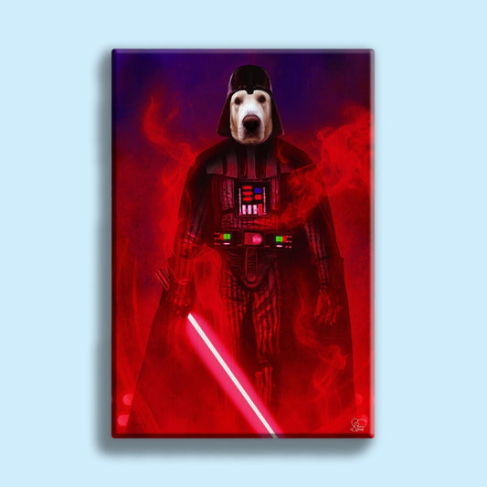Custom pet portrait of a dog or cat dressed in a Darth Vader costume, hand-drawn in a Star Wars–inspired dark and dramatic style
